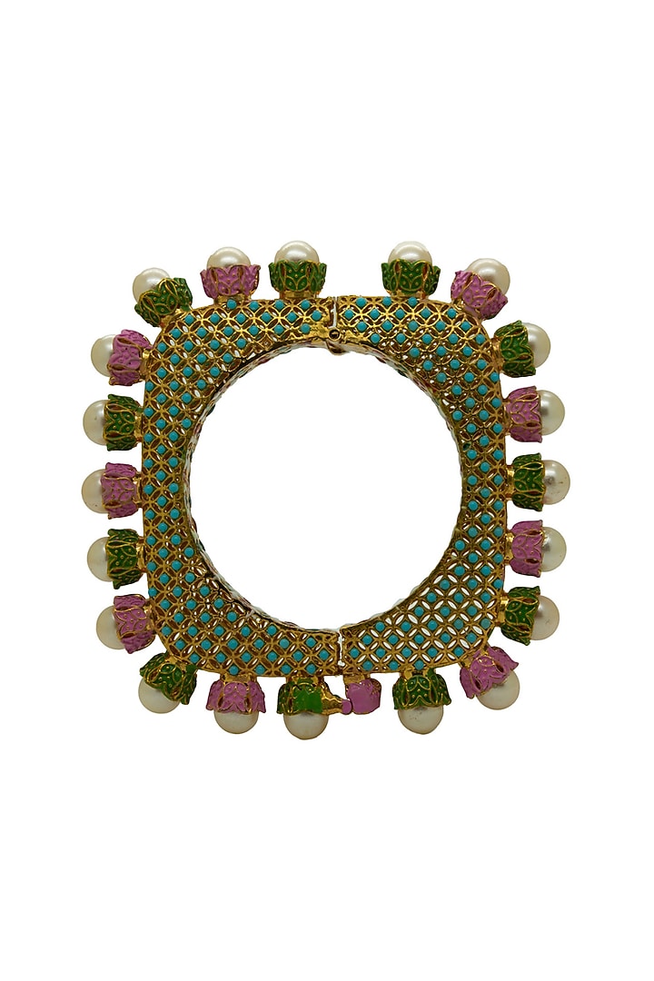 Gold Finish Jadau Ball & Pearl Meenakari Bangle by Johori at Pernia's Pop Up Shop