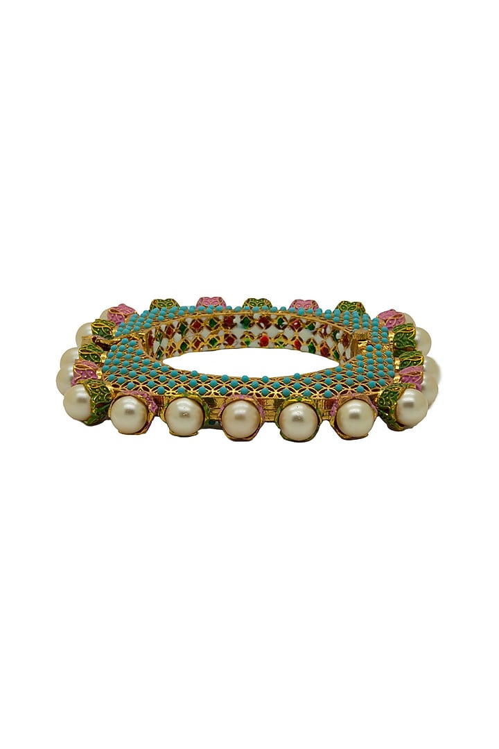 Gold Finish Jadau Ball & Pearl Meenakari Bangle by Johori at Pernia's Pop Up Shop