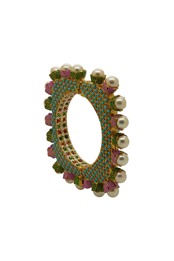 Gold Finish Jadau Ball & Pearl Meenakari Bangle by Johori at Pernia's Pop Up Shop