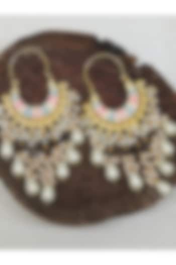 Gold Finish Floral Hand Painted Bead & Moti Drop Chandbali Earrings by Johori