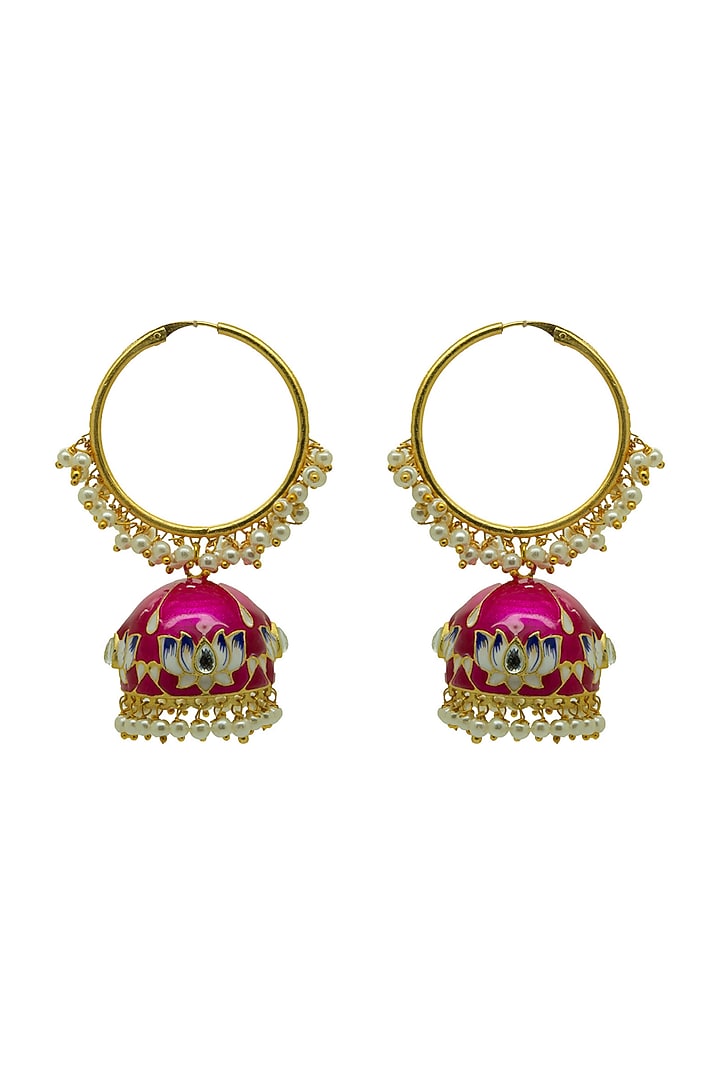 Gold Finish Rani-Pink Kundan & Pearl Lotus Jhumka Earrings by Johori at Pernia's Pop Up Shop