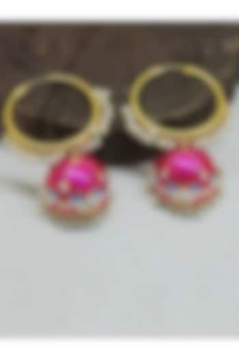 Gold Finish Rani-Pink Kundan & Pearl Lotus Jhumka Earrings by Johori