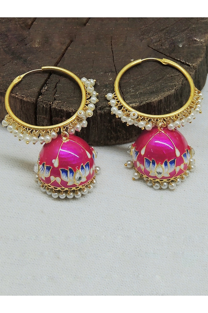 Gold Finish Rani-Pink Kundan & Pearl Lotus Jhumka Earrings by Johori