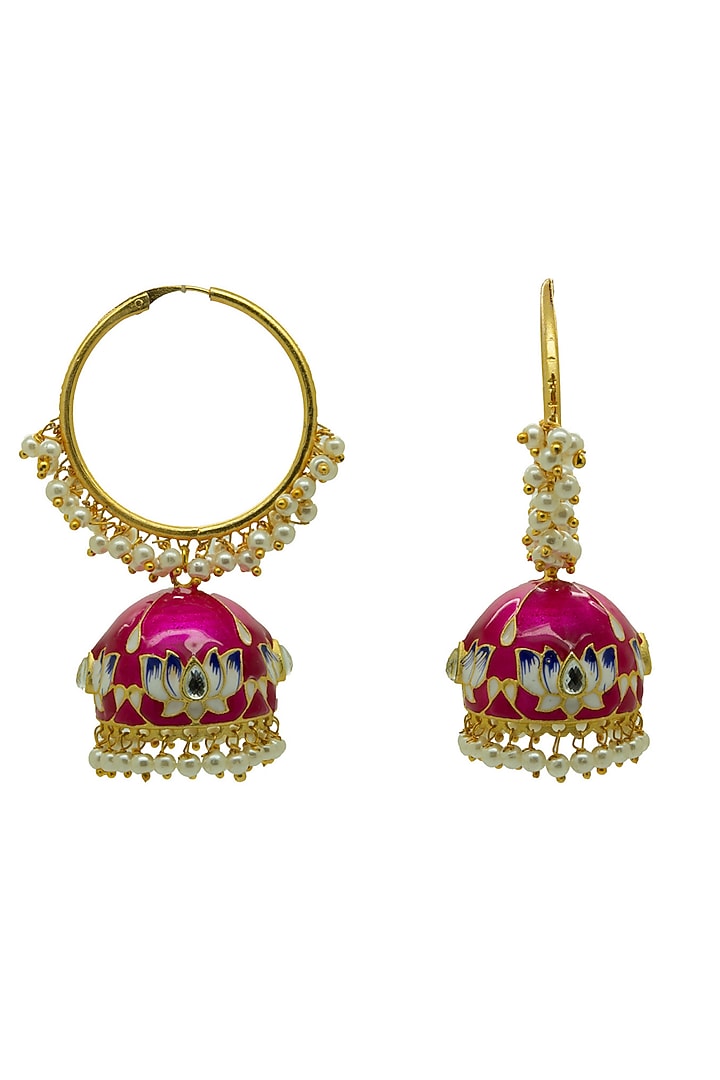 Gold Finish Rani-Pink Kundan & Pearl Lotus Jhumka Earrings by Johori at Pernia's Pop Up Shop