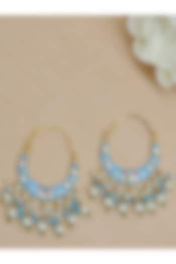 Gold Finish Blue Kundan & Pearl Meenakari Chandbali Earrings by Johori