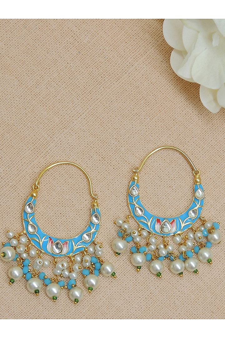Gold Finish Blue Kundan & Pearl Meenakari Chandbali Earrings by Johori