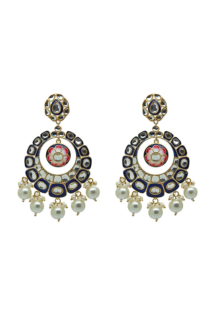 Gold Finish Royal Blue Kundan & Pearl Chandbali Earrings by Johori at Pernia's Pop Up Shop