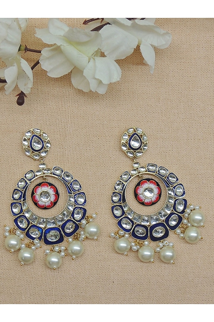 Gold Finish Royal Blue Kundan & Pearl Chandbali Earrings by Johori at Pernia's Pop Up Shop