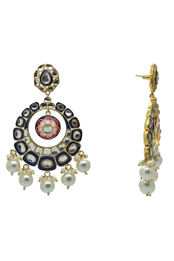 Gold Finish Royal Blue Kundan & Pearl Chandbali Earrings by Johori at Pernia's Pop Up Shop