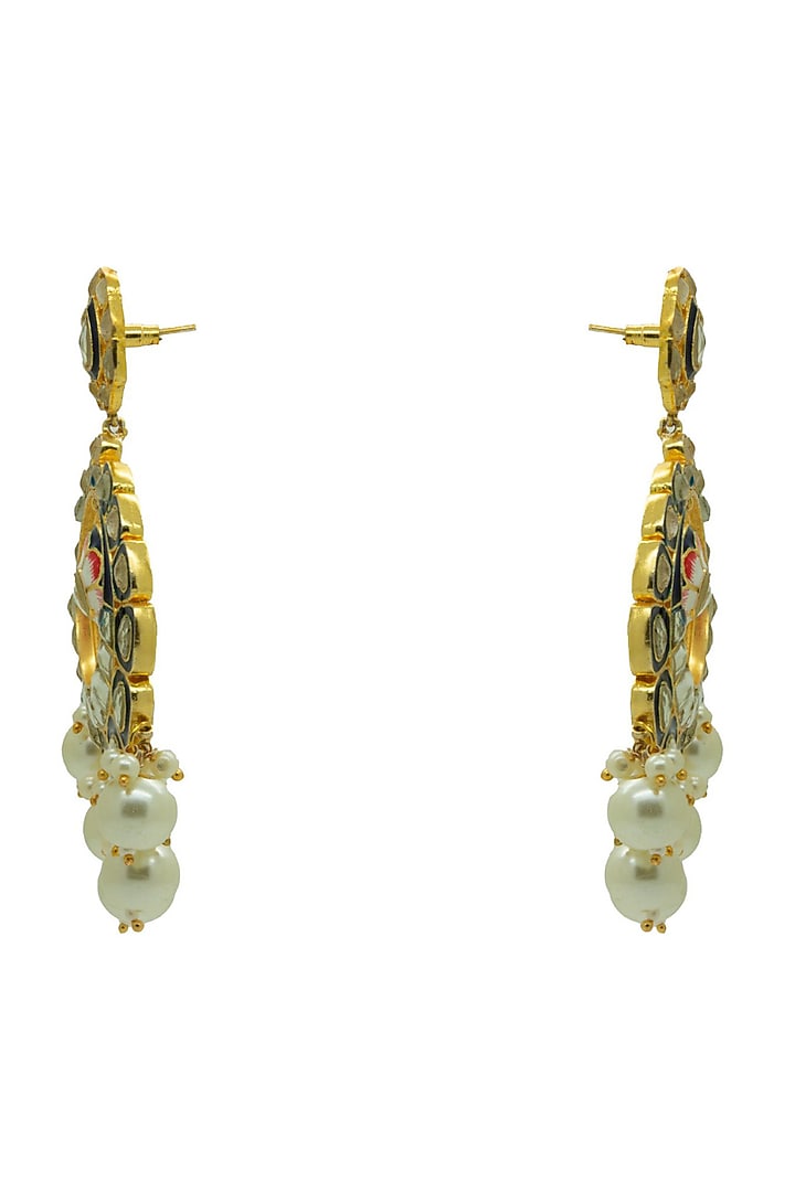Gold Finish Royal Blue Kundan & Pearl Chandbali Earrings by Johori at Pernia's Pop Up Shop