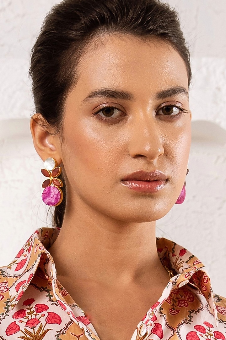 Gold Finish Multi-Colored Natural Stone Stud Earrings by Johori at Pernia's Pop Up Shop