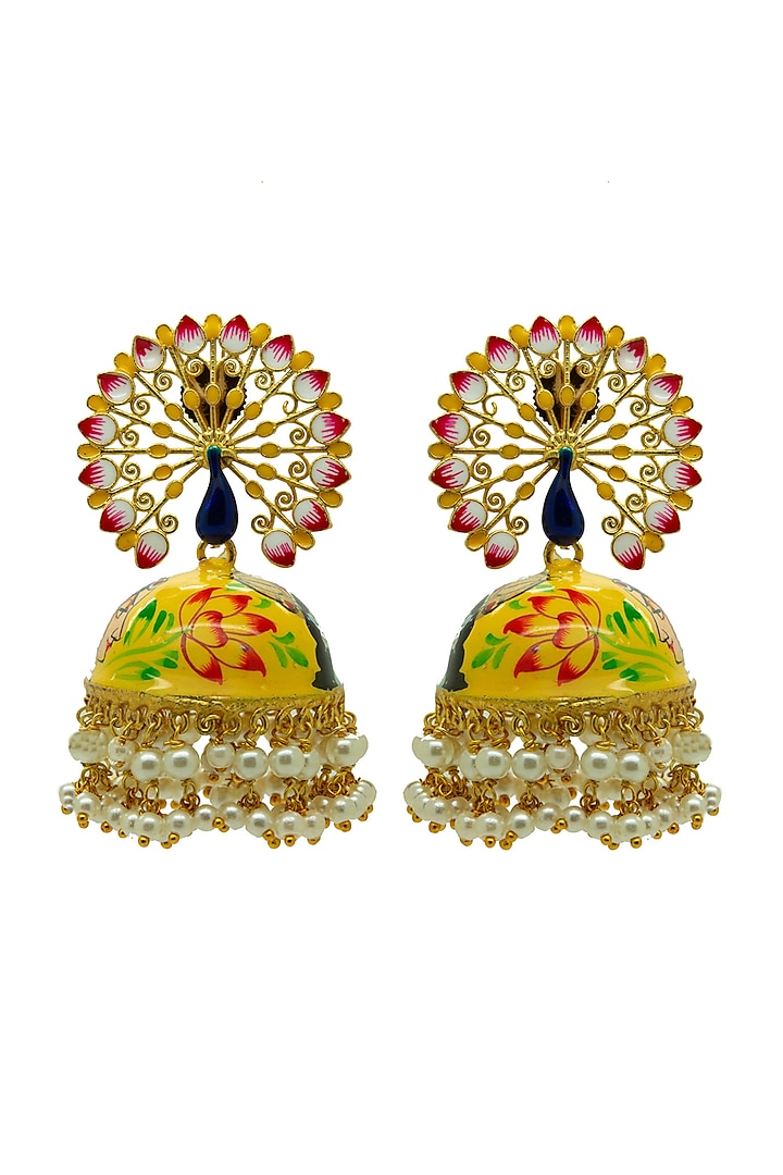 Gold Finish Jaipuri Hand Painted Radha-Krishna Jhumka Earrings by Johori