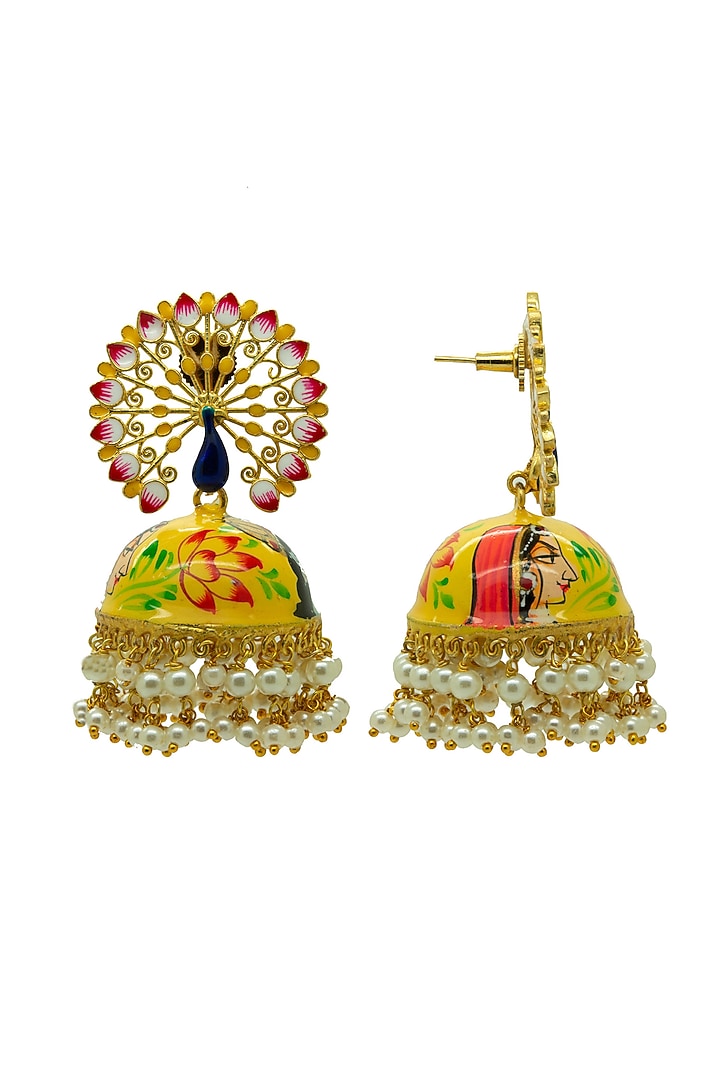 Gold Finish Jaipuri Hand Painted Radha-Krishna Jhumka Earrings by Johori at Pernia's Pop Up Shop