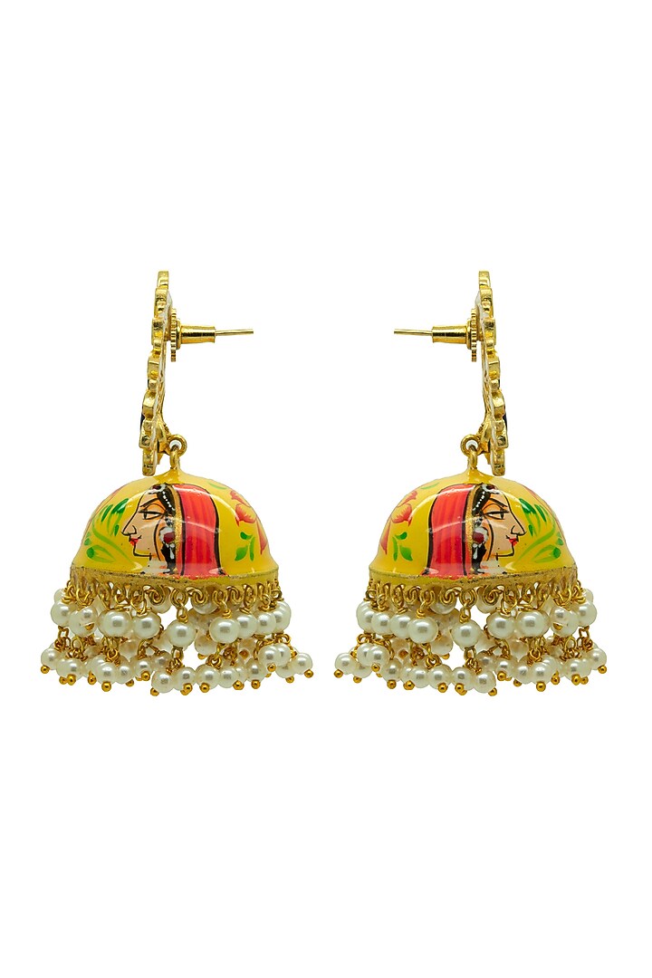 Gold Finish Jaipuri Hand Painted Radha-Krishna Jhumka Earrings by Johori at Pernia's Pop Up Shop