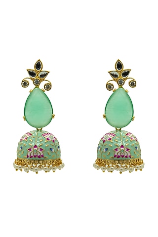 Gold Finish Green Synthetic Stone Meenakari Jhumka Earrings by Johori