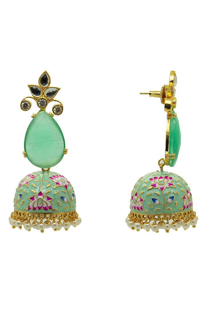 Gold Finish Green Synthetic Stone Meenakari Jhumka Earrings by Johori at Pernia's Pop Up Shop
