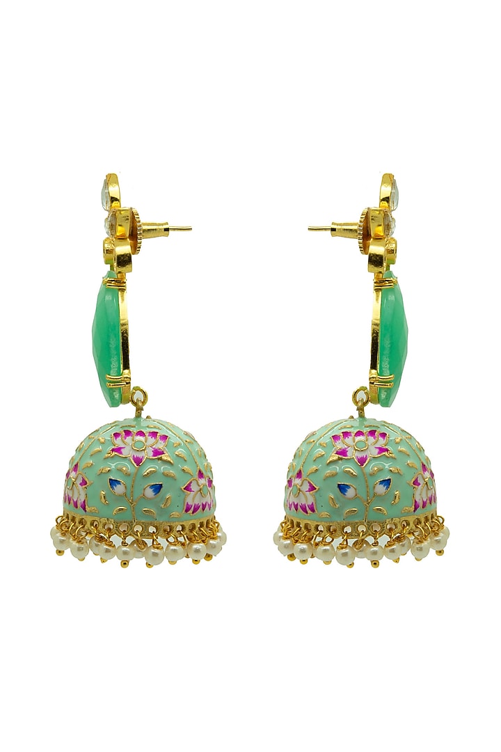 Gold Finish Green Synthetic Stone Meenakari Jhumka Earrings by Johori at Pernia's Pop Up Shop