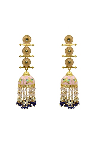 Gold Finish Pink Pearl Meenakari Jhumka Earrings by Johori