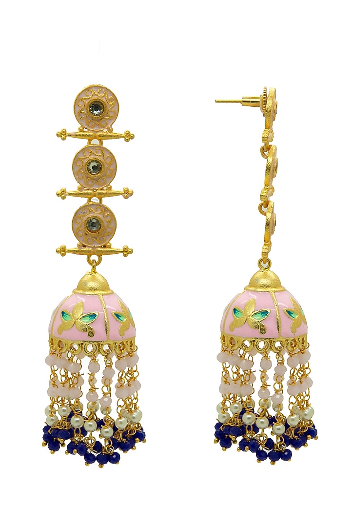 Gold Finish Pink Pearl Meenakari Jhumka Earrings by Johori at Pernia's Pop Up Shop