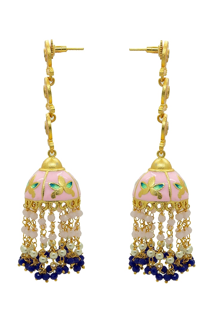 Gold Finish Pink Pearl Meenakari Jhumka Earrings by Johori at Pernia's Pop Up Shop
