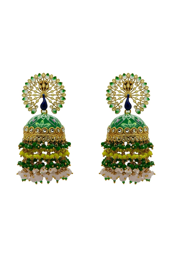 Gold Finish Peacock Green Floral Hand Painted Beaded Jhumka Earrings by Johori at Pernia's Pop Up Shop