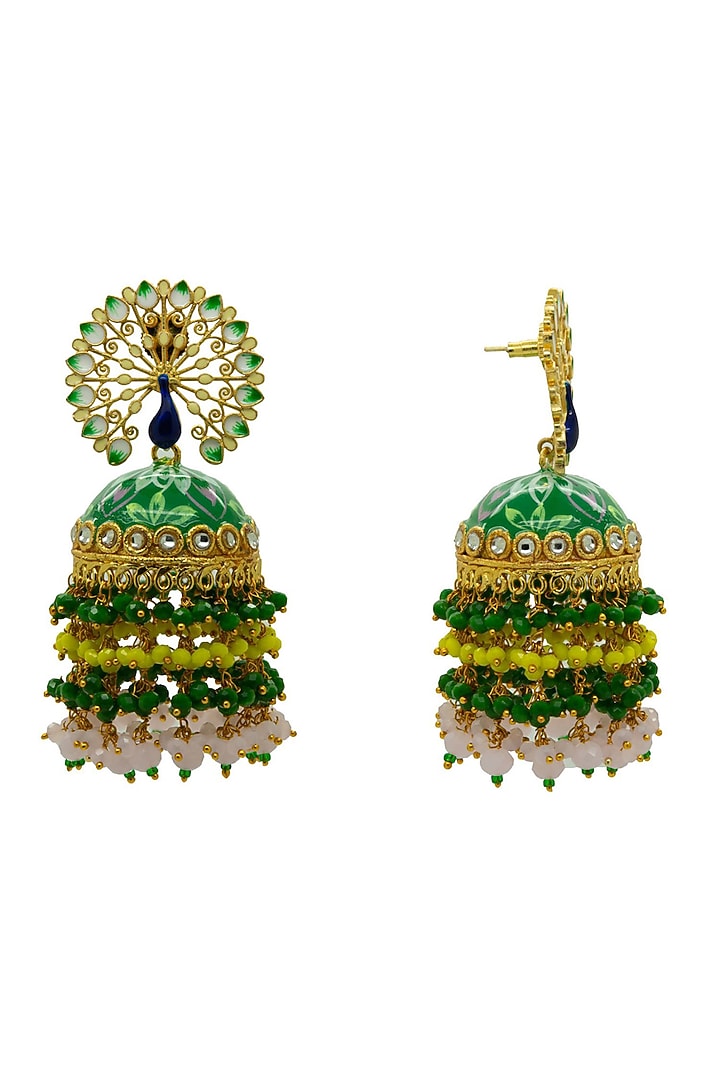 Gold Finish Peacock Green Floral Hand Painted Beaded Jhumka Earrings by Johori at Pernia's Pop Up Shop