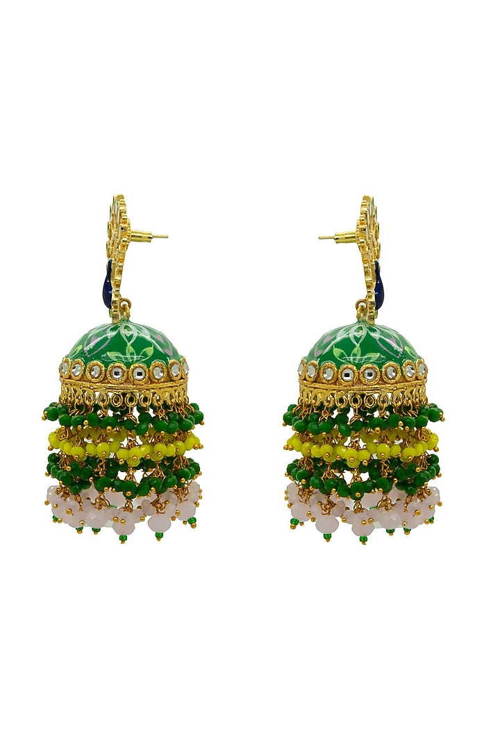 Gold Finish Peacock Green Floral Hand Painted Beaded Jhumka Earrings by Johori at Pernia's Pop Up Shop