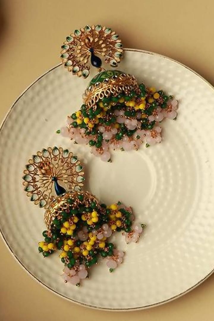 Gold Finish Peacock Green Floral Hand Painted Beaded Jhumka Earrings by Johori at Pernia's Pop Up Shop
