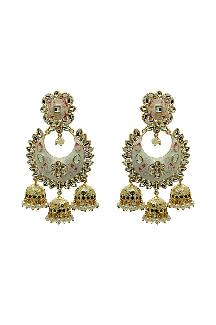 Gold Finish White Pearl Floral Dangler Earrings by Johori