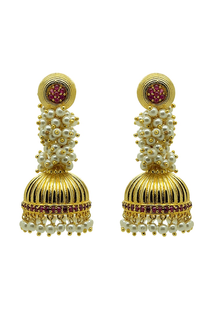 Gold Finish CZ & Pearl Jhumka Earrings by Johori