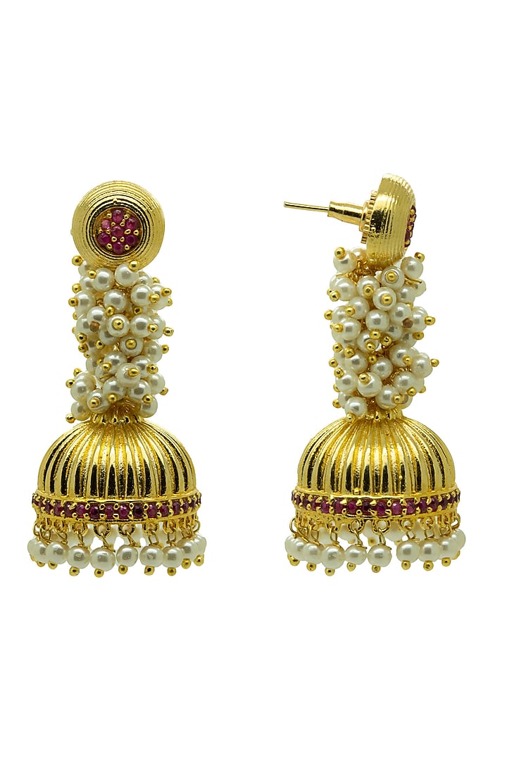 Gold Finish CZ & Pearl Jhumka Earrings by Johori at Pernia's Pop Up Shop