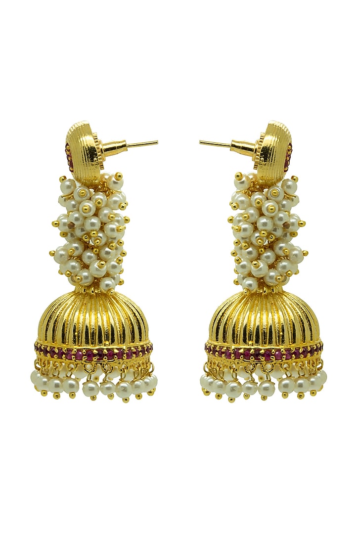 Gold Finish CZ & Pearl Jhumka Earrings by Johori at Pernia's Pop Up Shop
