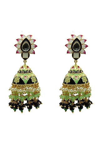 Gold Finish Black & Mint Beaded Jhumka Earrings by Johori