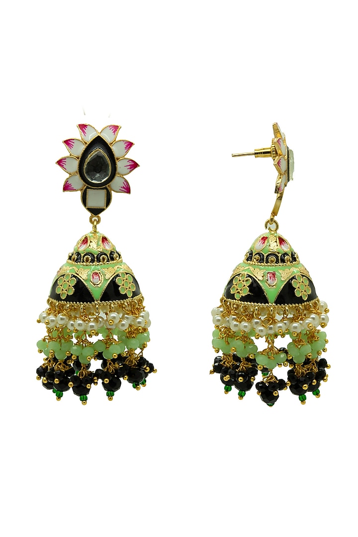 Gold Finish Black & Mint Beaded Jhumka Earrings by Johori at Pernia's Pop Up Shop