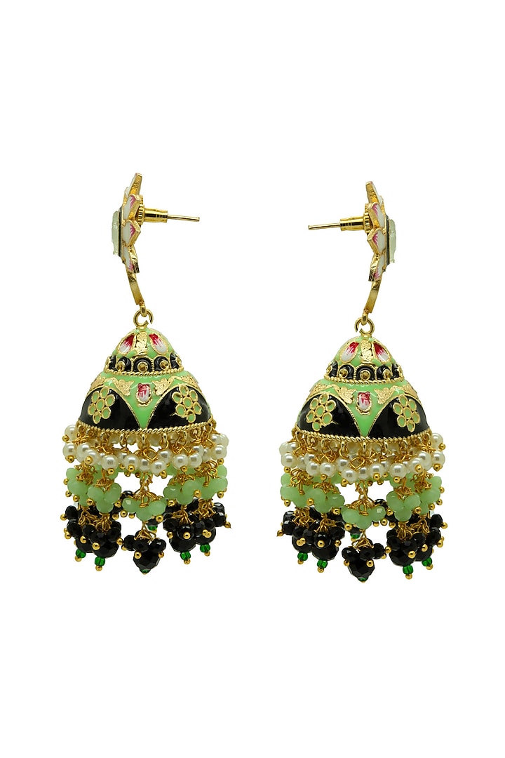 Gold Finish Black & Mint Beaded Jhumka Earrings by Johori at Pernia's Pop Up Shop