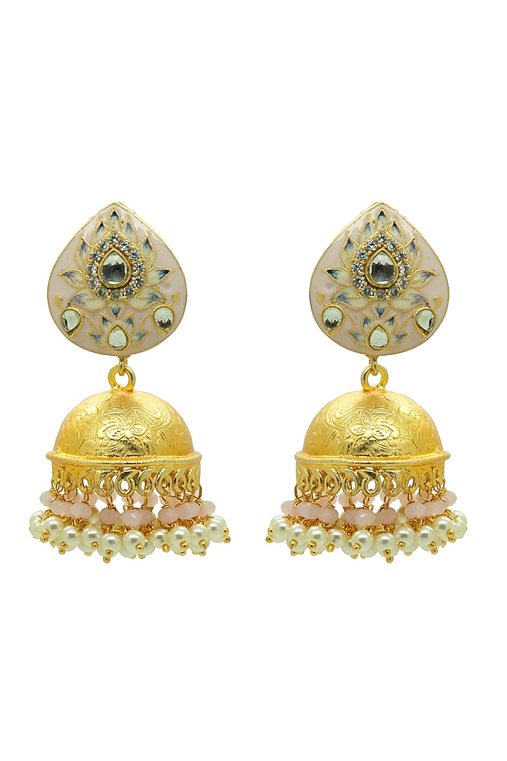 Gold Finish Pink Pearl Lotus Meenakari Dangler Earrings by Johori at Pernia's Pop Up Shop