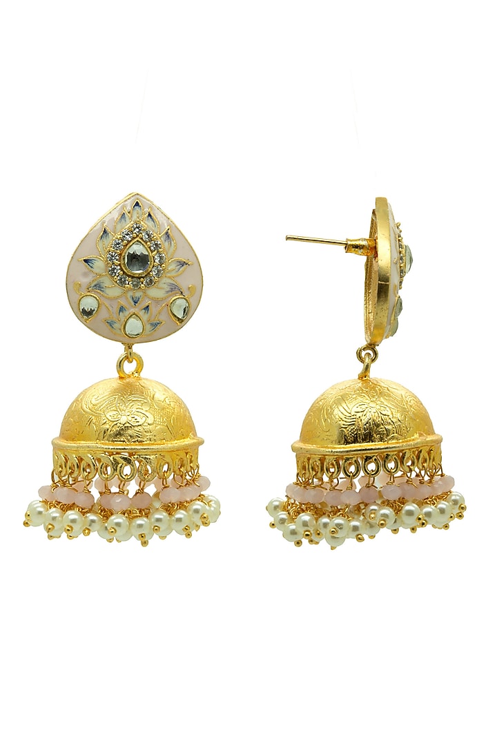 Gold Finish Pink Pearl Lotus Meenakari Dangler Earrings by Johori at Pernia's Pop Up Shop