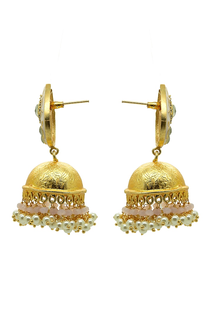 Gold Finish Pink Pearl Lotus Meenakari Dangler Earrings by Johori at Pernia's Pop Up Shop