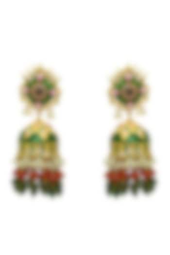 Gold Finish Bottle Green Beaded Jhumka Earrings by Johori