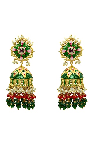 Gold Finish Bottle Green Beaded Jhumka Earrings by Johori