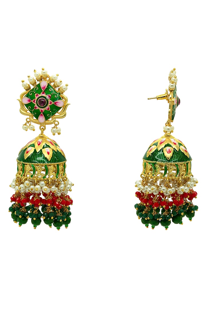 Gold Finish Bottle Green Beaded Jhumka Earrings by Johori at Pernia's Pop Up Shop