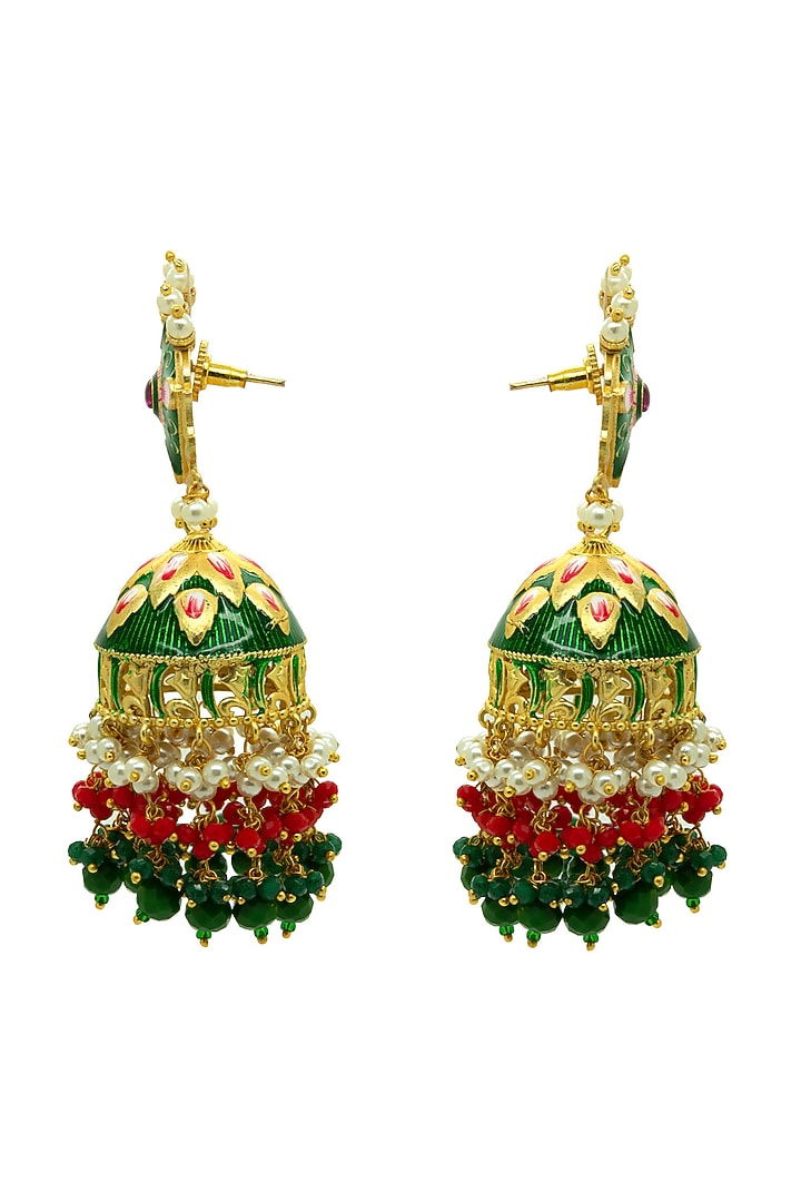 Gold Finish Bottle Green Beaded Jhumka Earrings by Johori at Pernia's Pop Up Shop