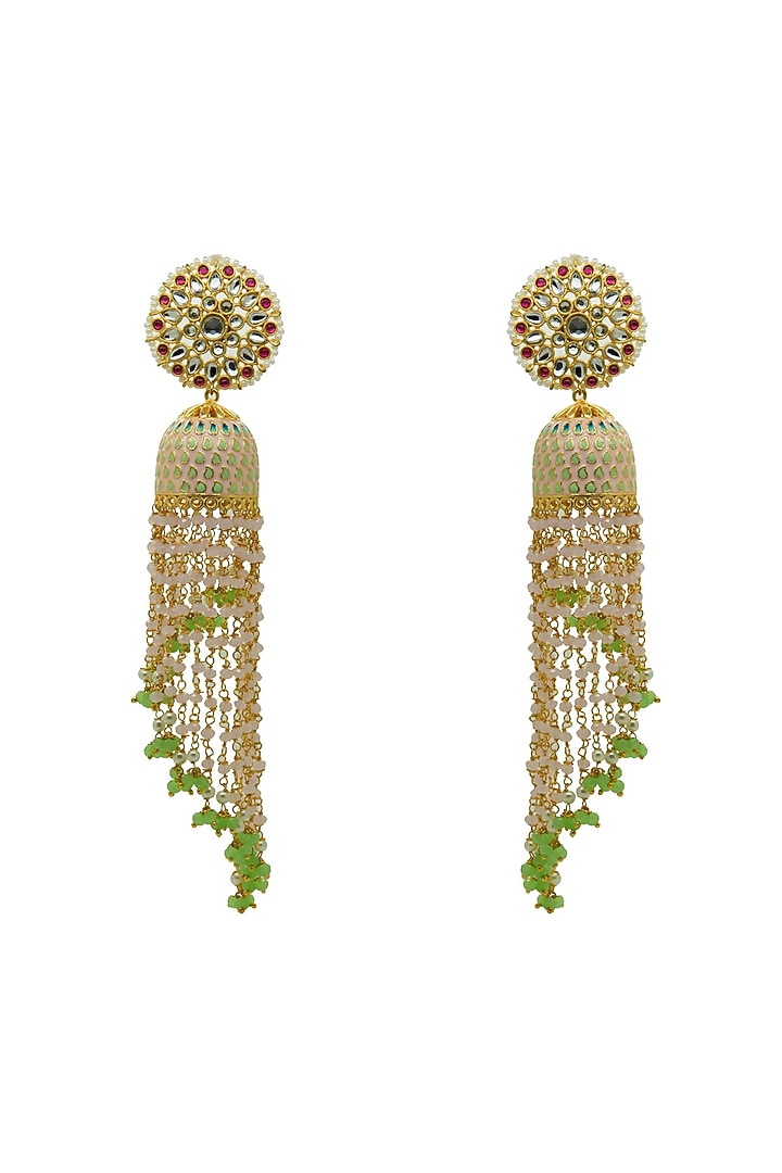 Gold Finish Pink Kundan & Beaded Jhumka Earrings by Johori at Pernia's Pop Up Shop