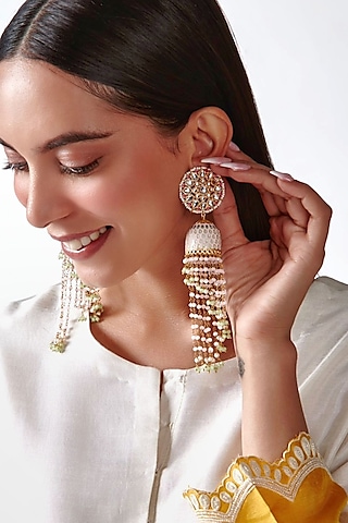 Gold Finish Pink Kundan & Beaded Jhumka Earrings by Johori