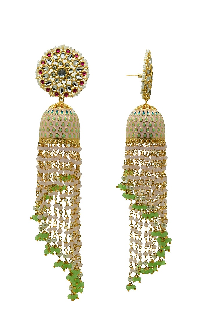 Gold Finish Pink Kundan & Beaded Jhumka Earrings by Johori at Pernia's Pop Up Shop
