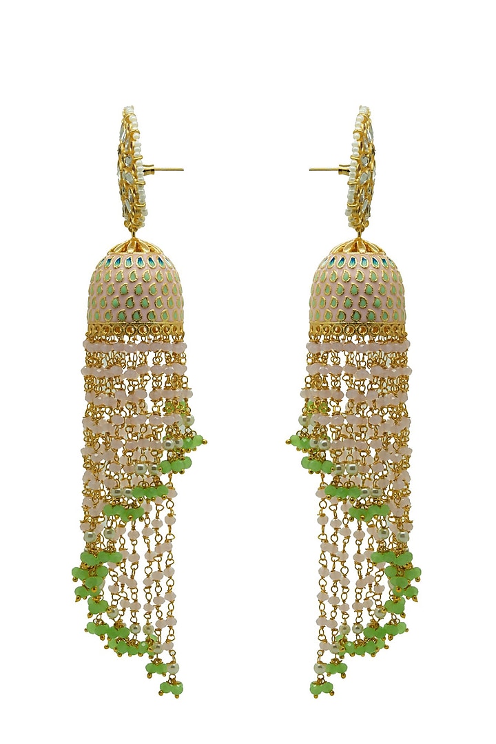 Gold Finish Pink Kundan & Beaded Jhumka Earrings by Johori at Pernia's Pop Up Shop