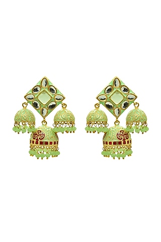 Gold Finish Mint Kundan Meenakari Jhumka Earrings by Johori