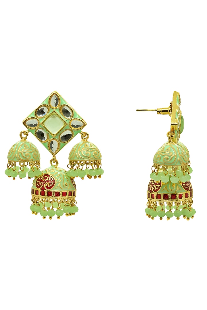 Gold Finish Mint Kundan Meenakari Jhumka Earrings by Johori at Pernia's Pop Up Shop