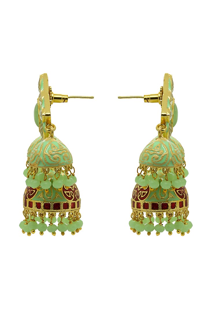 Gold Finish Mint Kundan Meenakari Jhumka Earrings by Johori at Pernia's Pop Up Shop