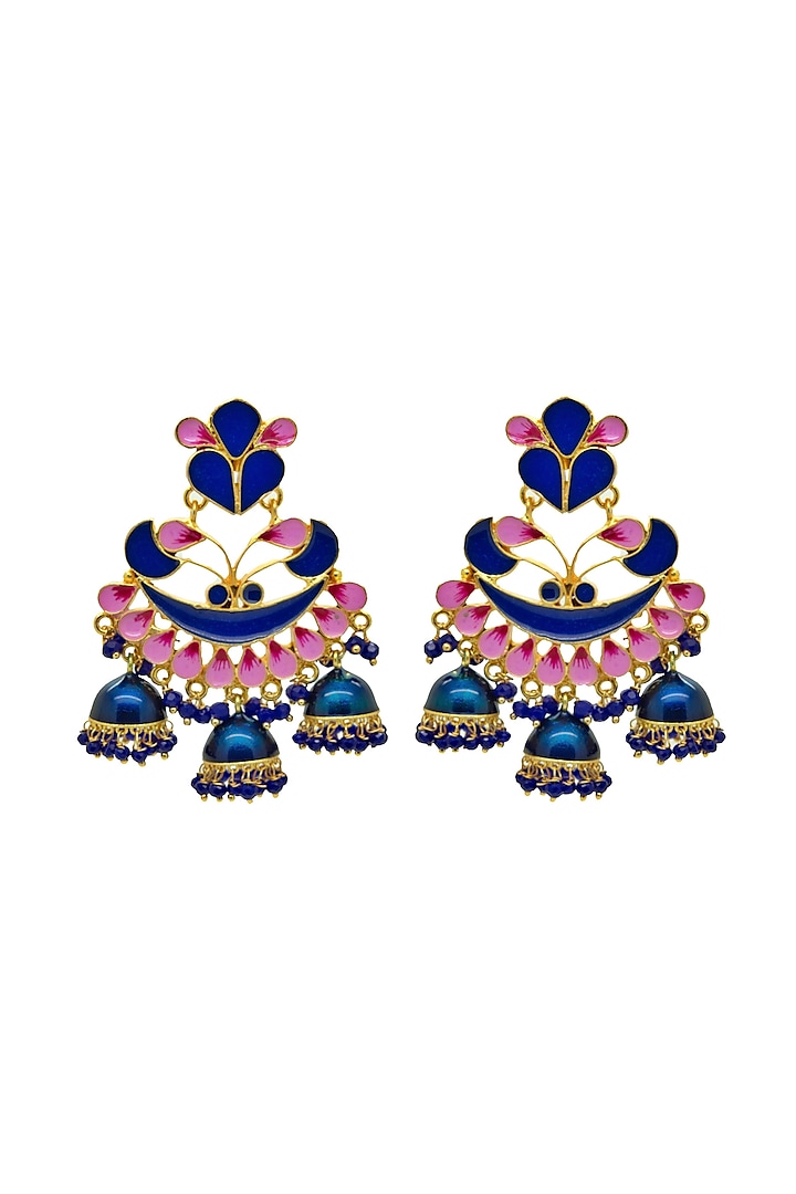 Gold Finish Royal Blue & Pink Synthetic Stone Jhumka Earrings by Johori